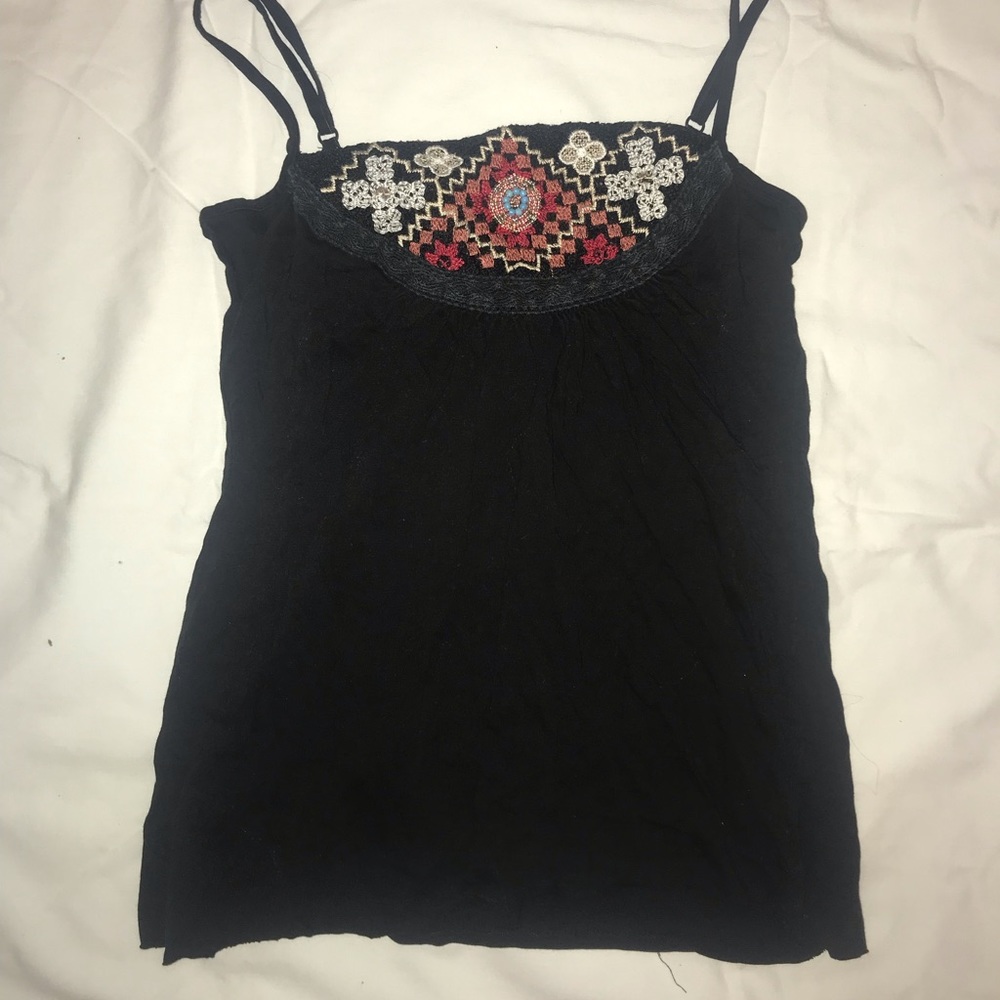BOHO straight neckline tank w/ beading&embroidery